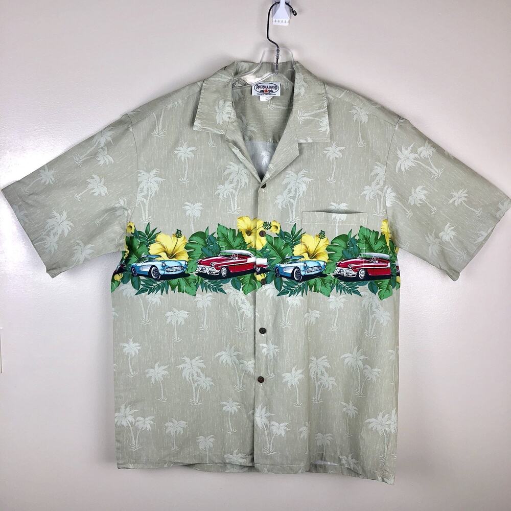 Pacific Legend Apparel Hawaiian Shirt Hot Rod Cars Palm Trees Size XL